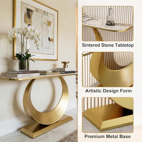 MISXEOE Modern Luxury Console Table, 47.2" Sintered Stone Entryway Table with Sculptural Metal Base, Narrow Sofa Table Behind Couch for Living Room, Hallway, Foyer(White+Gold,39.3"x11.8"x31.5") MISXEOE