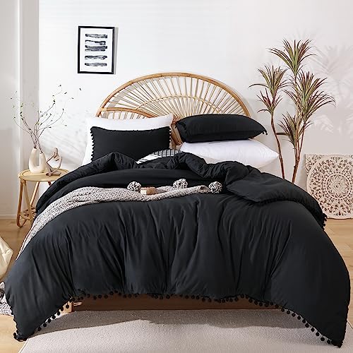 YIRDDEO Full Size Comforter Sets - Full Size Comforter with Ball Pom Fringe, Soft Bedding Set for All Seasons - 3 Pieces, 1 Comforter (79"x90") & 2 Pillow Shams(20"x26"), Black YIRDDEO