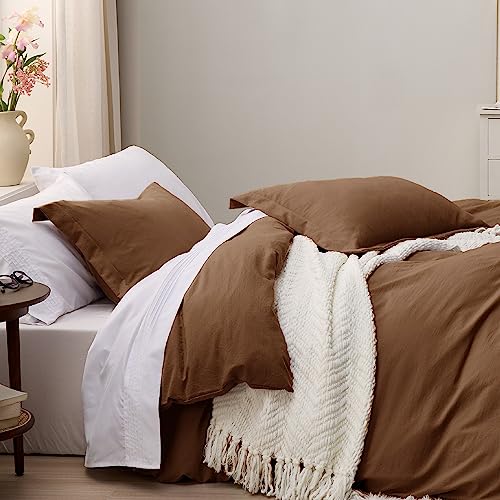 Bedsure Brown Duvet Cover Queen Size - 3 Pieces Prewashed Cotton-Like Extra Soft Bedding Set, Includes 1 Duvet Cover 90x90 Inches with Zipper Closure & 2 Pillow Shams, Comforter Not Included
