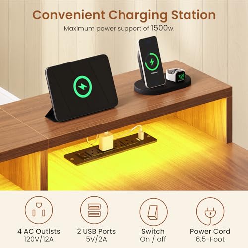 SEDETA L Shaped Electric Standing Desk, 63 inch Gaming Computer Desk with Storage Shelves and LED Lights, Height Adjustable Office Desk with Power Outlet and Pegboard, Brown Desktop SEDETA