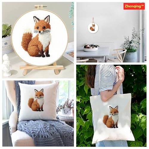 Zhenqing Fox Cross Stitch Kit for Beginners, 11CT Printed 20x20cm with 16cm Hoop, Cute Animal Embroidery Set(70736)