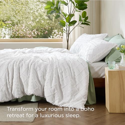 Bedsure Boho Duvet Cover Queen Size - White Breathable & Soft Boho Bedding, Machine Washable Comforter Cover for All Seasons, Includes 1 Duvet Cover 90"x90" with 2 Pillow Shams & Zipper Closure Bedsure