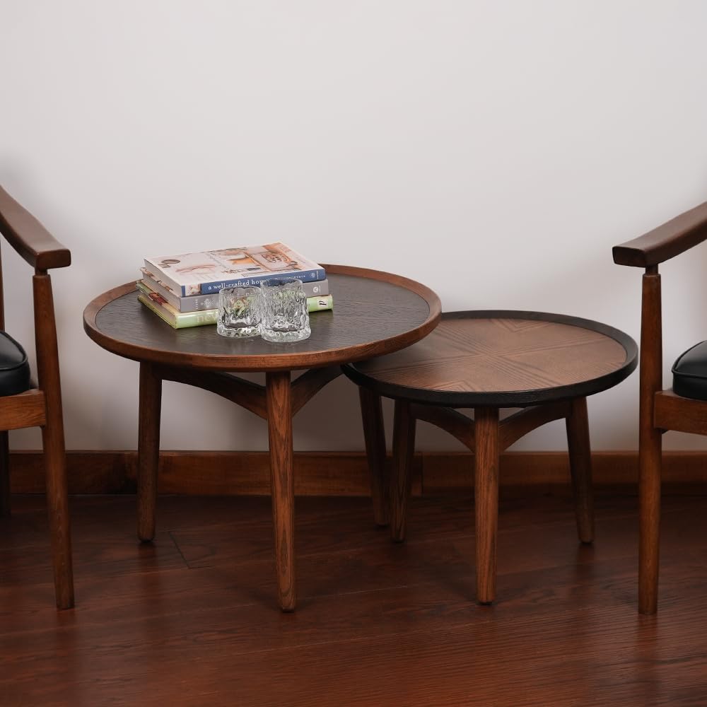 CONSDAN Nesting Table, Wood Coffee Table Set, Side Table Set with Solid Oak Hardwood Structure for Living Room, Bedroom, Balcony CONSDAN