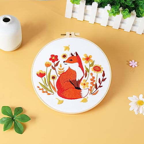 Louise Maelys Fall Fox Embroidery Kits for Beginners with Autumn Animal Pattern,Adults Starter Cross Stitch Kit DIY Needlepoint