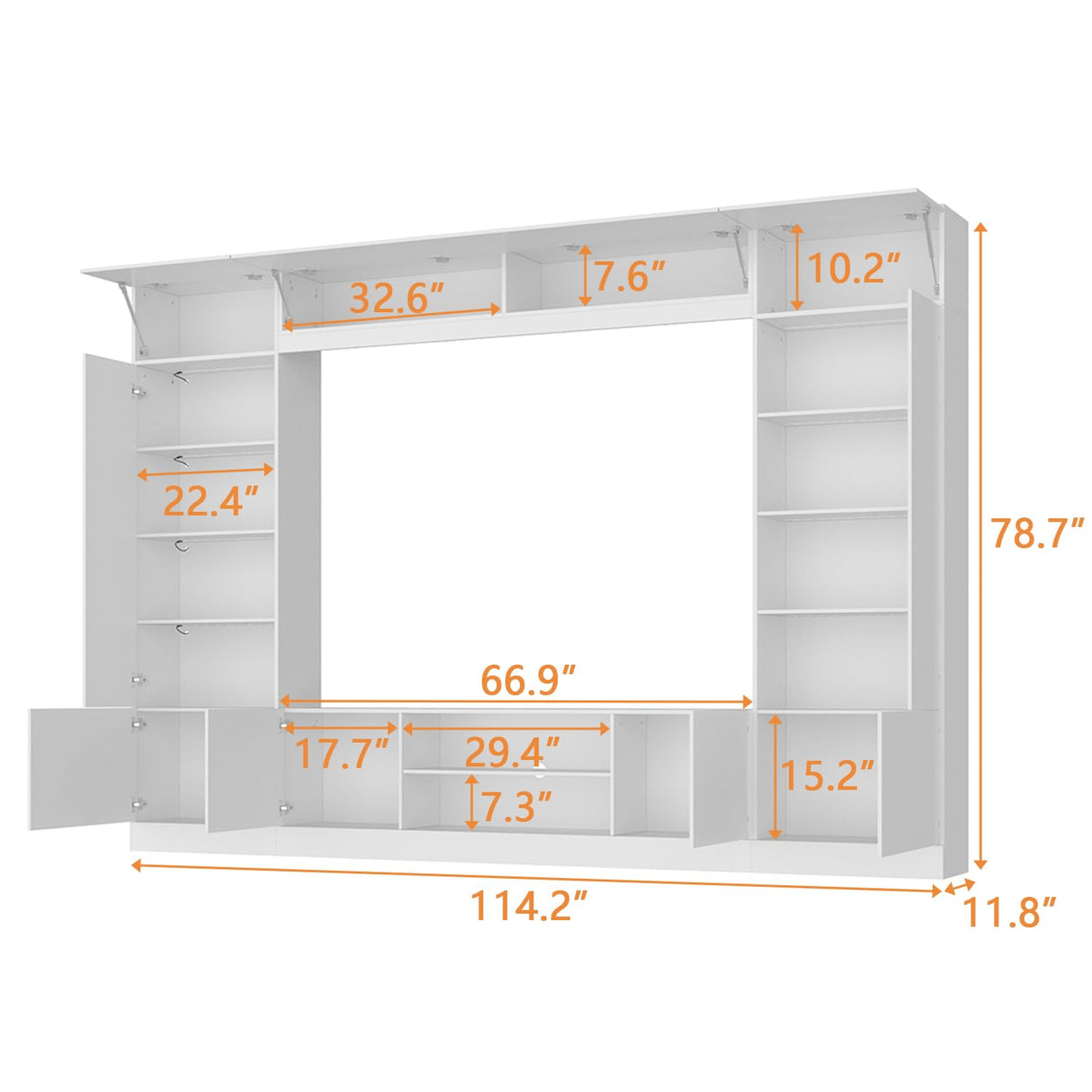 ROMSHINE Large Entertainment Center with Storage, 114" W Wall Unit TV Stand with Bookshelves & Light in White Color, Modern Media Center Cabinet with Bridge, for Living Room Bedroom, White ROMSHINE