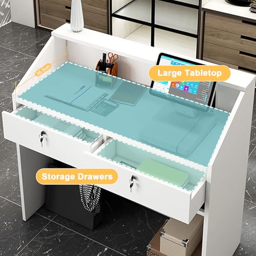Walisk Modern Reception Desk with Lockable Drawer and Open Shelves, Rectangular, White and Walnut, 60x38x92cm, Office, Working WoodArtSupply