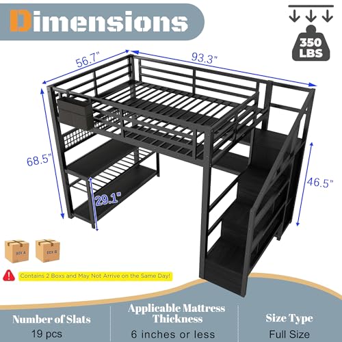 MoproBeti Full Size Loft Bed with Stairs and Desk,Metal Gaming LoftBed with LED Lights,Charging Station, High Loft Beds Frame Full with Storage Shelves,Wardrobe for Teens, Adults, Black MoproBeti