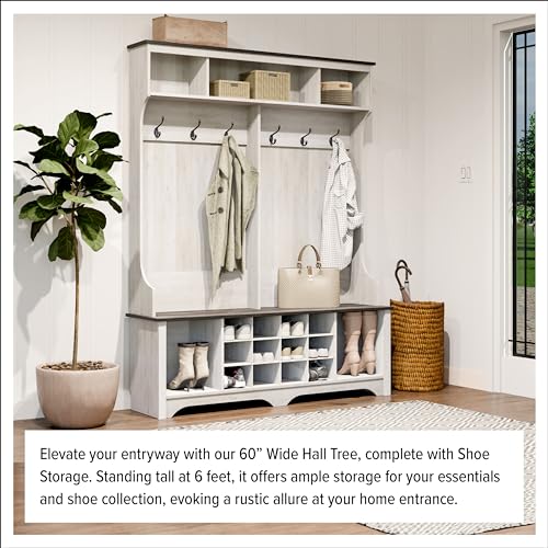 Prepac Farmhouse Washed White Hall Tree, Shoe Cabinet, Storage Cabinet with 12 Shoe Cubbies, 2 Boot Cubbies and 6 Double Coat Hooks 15.5" D x 60" W x 77" H Prepac