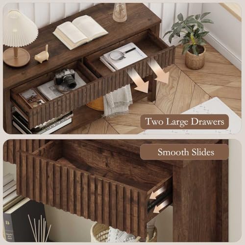 BON AUGURE Console Table with 2 Drawers, 47In Entryway Table with Storage, Sofa Tables with Two-Tier Shelf, Narrow Farmhouse Fluted Couch Tables for Living Room, Rustic Oak BON AUGURE