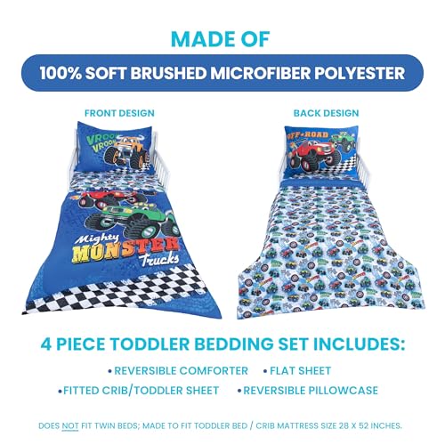 Todays Kids Monster Trucks Toddler Bedding Set for Boys - 4-Piece Toddler Bed Comforter Sets for Boys, Reversible Comforter & Pillowcase, Flat Sheet, Fitted Sheet, Breathable & Super Soft Microfiber Todays Kids