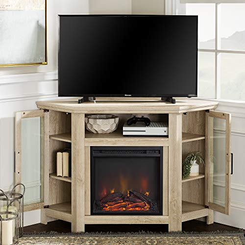 Walker Edison Alcott Classic Glass Door Fireplace Corner TV Stand for TVs up to 55 Inches, 48 Inch, White Oak Walker Edison