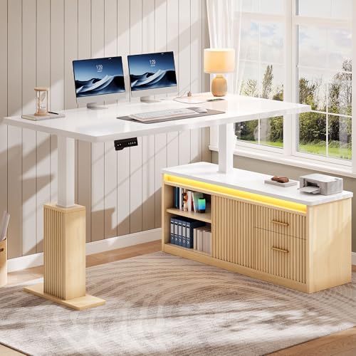 YITAHOME L Shaped Standing Desk with Power Outlets & LED Lights, 63" Electric Standing Desk Adjustable Height Sit Stand Corner Standing Desks with Drawers & Sliding Door, High-Gloss White+Natural Oak YITAHOME
