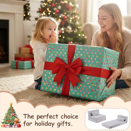 Givjoy Folding Sofa Bed Mattress for Kids with Pillow, Toddler Washable Folding Floor Mat for Daycare, Child Fold Up Sofa Futon Chair Bed with Storage Bag for Playroom, Camping, Girls and Boys, Grey Givjoy