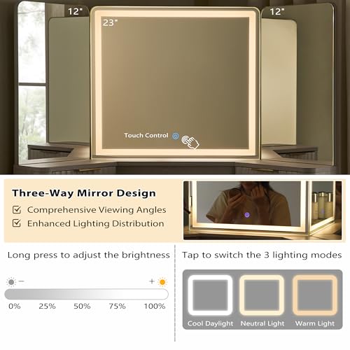 T4TREAM Fluted Makeup Vanity Desk with 3 Way Mirror and Lights, 48" Large Corner Vanity Table with Glass Top, Charging Station, 3 Drawers, Storage Cabinets & Shelves, for Bedroom, White Alder T4TREAM