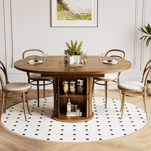 CABZOON 47-63in Extendable Round Dining Table for 4-8 Modern Round Kitchen Table Circle Dining Table with 2-Tier Storage Shelf, Space Saving Expandable Wood Oval for Living Room Walnut CABZOON