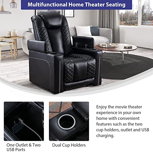 CANMOV Electric Power Recliner Chairs with USB Ports and Cup Holders, Breathable Faux Leather Home Theater Seating Recliner with Hidden Arm Storage, Ambient Lighting, Black CANMOV