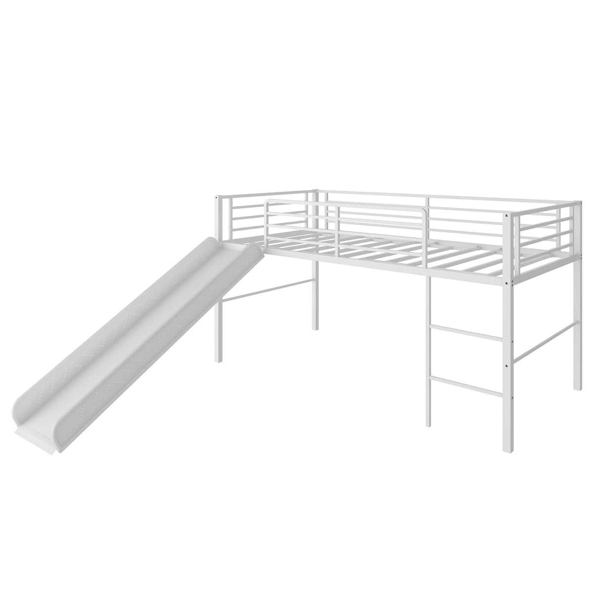 Giantex Twin Loft Bed with Slide, Metal Low Bunk Bed w/Safety Guardrails & Built-in Ladder, Toddler Bed Floor Frame for Boys & Girls, No Box Spring Needed (White) Giantex