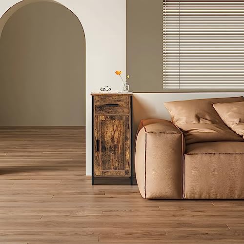 usikey Small Storage Cabinet, Narrow Cabinet with 1 Door and 1 Drawer, Industrial Side Cabinet with 2 Shelves, Nightstand, Small Cabinet for Living Room, Kitchen, Office, Brown usikey