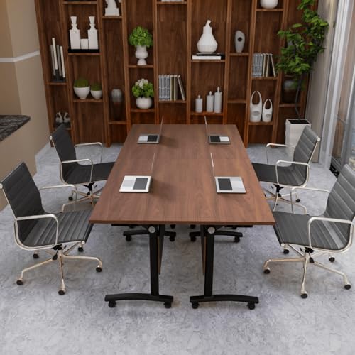 6Packs Folding Conference Table with Silent Wheels,Mobile Flip Top Meeting Room Table for Office Training and Classroom,Foldable Modular Rolling Desk for Home Office,Walnut Space-Saving Rectangular JFazzruit