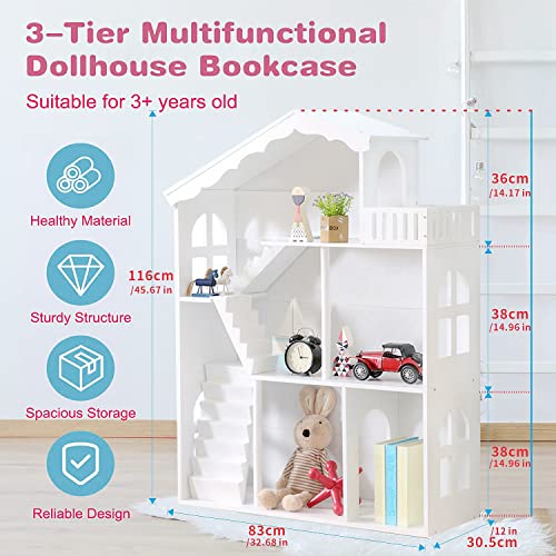 White Wooden Dollhouse Bookcase – Multi-Functional Toy and Book Storage Organizer for Kids WODENY