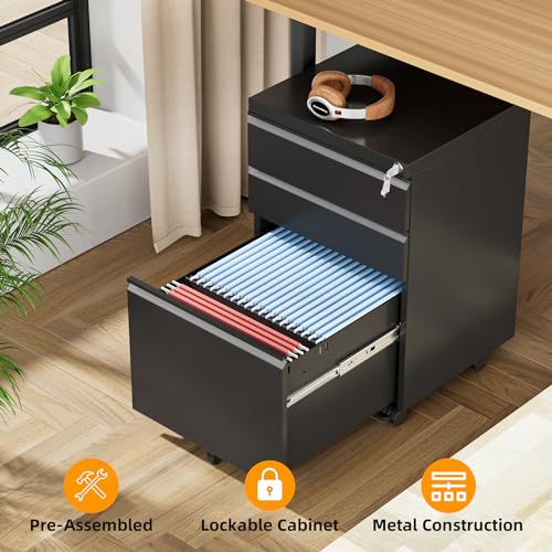 INTERGREAT 3 Drawer File Cabinet, Metal Filling Cabinet with Lock, Locking Office Mobile Cabinet with Wheels for Legal/Letter Size, Under Desk, Black INTERGREAT