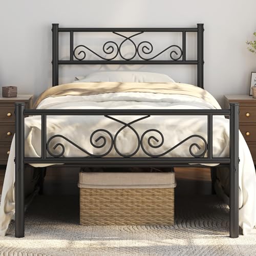 Yaheetech Twin Bed Frames Metal Platform Bed with Headboard and Footboard No Box Spring Needed Easy Assembly,Under-Bed Space: 12.6''/Black/Twin Bed Yaheetech