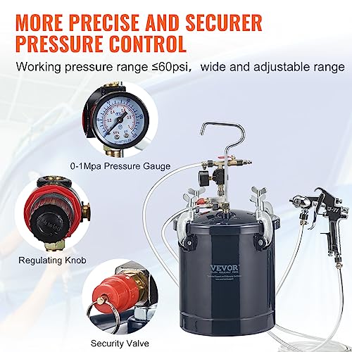 VEVOR Spray Paint Pressure Pot Tank, 10L/2.5gal Air Paint Pressure Pot, 1.5mm+4mm Two Nozzles Two Spray Paint Guns for Industry Home Decor Architecture Construction Automotive Painting, 60PSI Max VEVOR