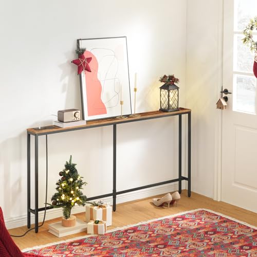 MAHANCRIS 63'' Skinny Console Table with Charging Station, Narrow Long Sofa Couch Table, Easy Assembly, Entryway Table for Living Room, Foyer, Hallway, Rustic Brown CTHR165E01Z1 MAHANCRIS