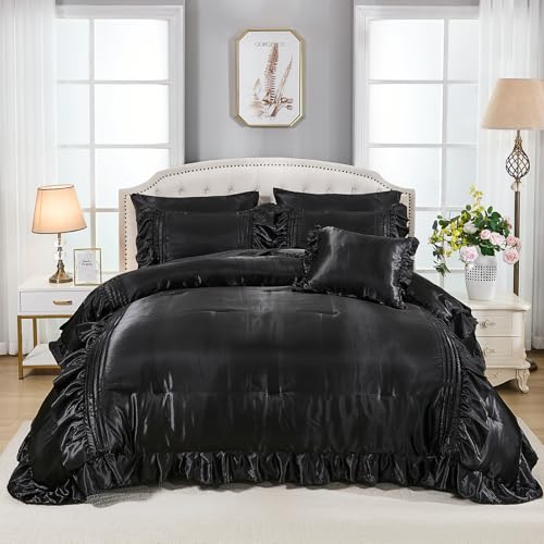Black Satin Comforter Set 8 Pieces King Size Comforter with Sheets Silk Like Satin Bed Set Luxury Bedding Bed in a Bag 1 Comforter 4 Pillowcasas 1 Flat Sheet 1 Fitted Sheet 1 Cushion Cover Bedbay