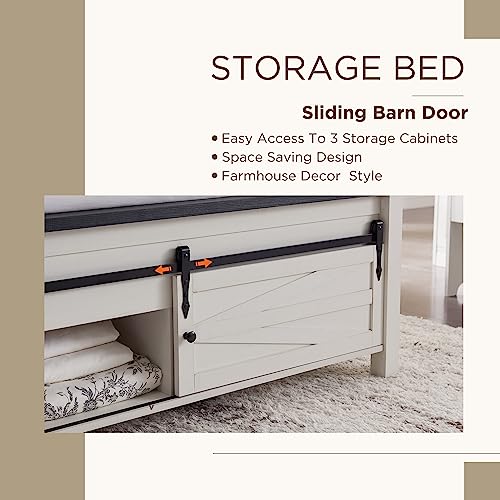 Farmhouse King Size Bed Frame with Sliding Barn Door Storage - JXQTLINGMU Antique White JXQTLINGMU
