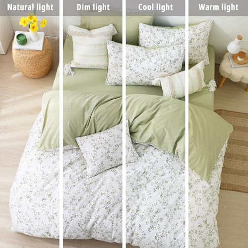 LEMIROE Botanical Cotton Comforter Queen Size - Tender Green Comforter Printed with Leafy Branches & Purple Stamens on Off-White,Reversible Lightweight Bedding Sets 3Pcs LEMIROE