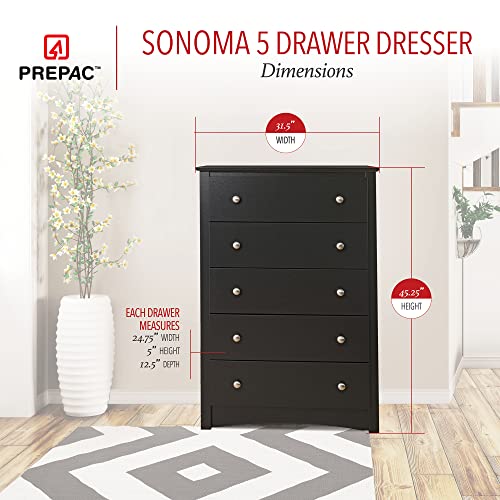 Prepac Sonoma Superior 5-Drawer Chest for Bedroom - Spacious and Stylish Chest of Drawers, Measuring 17.75"D x 31.5"W x 44.75"H, In Black Finish Prepac