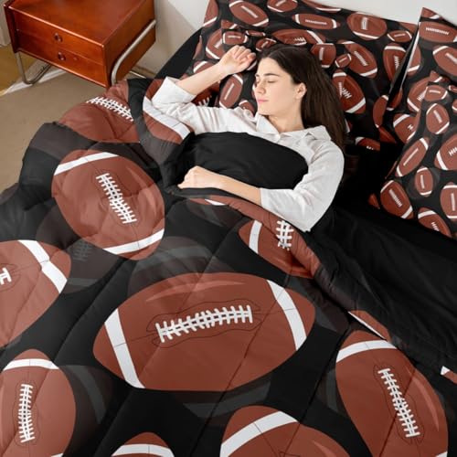 Erosebridal Football 7 Piece Bedding Set Twin Rugby Comforter Set with Sheets Ball Games Gaming Sports Kids Boys Men Girls Bed in A Bag Competition Black Brown Bed Sets Erosebridal