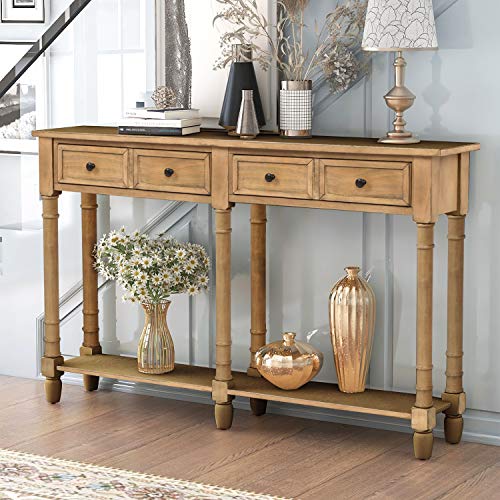 Knocbel 58in Long Accent Entry Console Table with Drawers & Bottom Open Shelf, Solid Wood Sofa Couch Side Table for Entryway Hallway Living Room (Old Pine) Knocbel