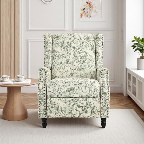 DREAMSIDEA Recliner Chair, Upholstered Wingback Floral Pushback Armchair with Adjustable Backrest & Footrest, Comfy Accent Chair for Small Spaces, Living Room, Bedroom (Rococo Green, Set of 1)