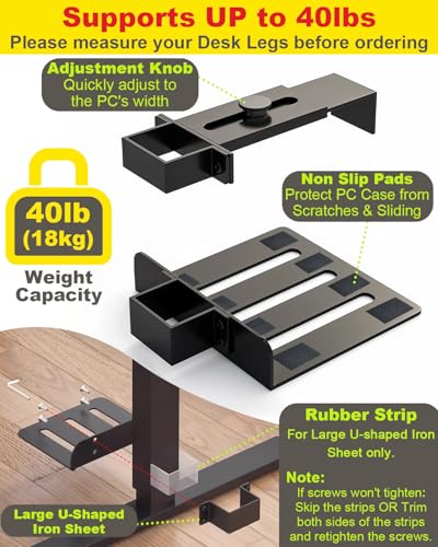 Under Desk PC Mount - No Drilling Heavy Duty 40lbs Capacity, Adjustable Height and Width Clamp-on Desk Leg PC Mount for Standing Desks (Fits 75mm×45mm Legs only), with Non-Slip Pads, Black CoJewe