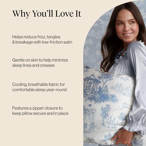 Bridgerton x Kitsch Satin Pillowcase with Zipper for Hair & Skin - Softer Than Silk Pillow Cases, Cooling Satin Pillow Case, Wrinkle-Free - King Size Satin Pillow Case (19x36) - Garden Toile Kitsch