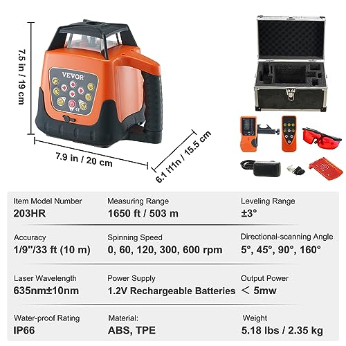 VEVOR Rotary Laser Level 1650ft,360 Degree Self Leveling Red Cross Line Laser,5 Rotation Speeds&4 Scanning Angles Adjustment,IP66 Waterproof Remote Control Manual Self-leveling Mode,Battery Included VEVOR