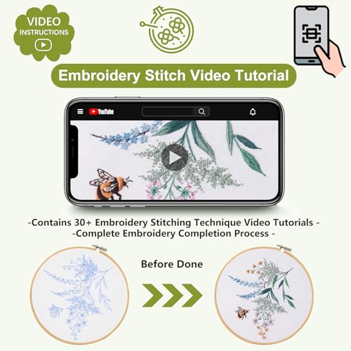 Santune 4 Pack Embroidery Kit for Beginners,Needlepoint Cross Stitch Kits for Adults,Needle Point Sets with Bee Flower Pattern Stitch Video Tutorial