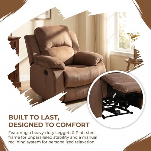 Trygoal Manual Recliner Chair, Nursery Rocking Chair, Velvet Recliner Chair for Adults, Lazy Boy, Gaming Recliner wih Overstuffed Arms, Suitable for Home Theater, Living Room, Bedroom, Brown