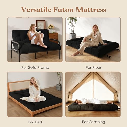 Furnify 6" Futon Mattress Full Size, Futons Sofa Couch Bed with Straps, Corduroy Fabric Floor Mattress for Adults, Foldable Mattress with Shredded Foam Filling (Frame Not Included), Black Furnify