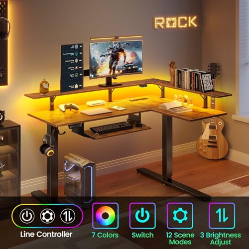 Rolanstar L Shaped Standing Desk with Keyboard Tray, Height Adjustable Corner Desk with LED Light & Power Outlet, Electric Sit Stand Computer Desk with Monitor Stand, Rustic Brown Rolanstar