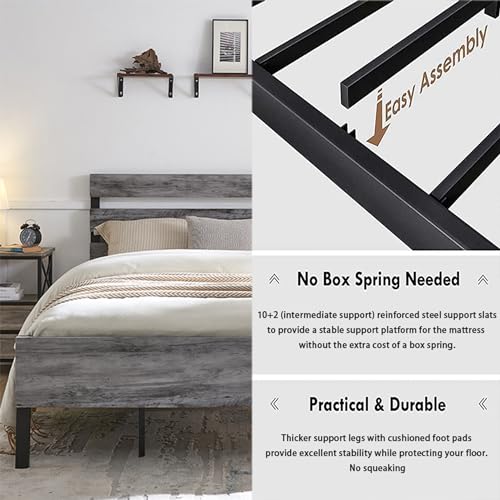 King Size Metal Bed Frame with Wood Headboard & Footboard – No Box Spring Needed, Easy Assembly in Grey Augensternchen