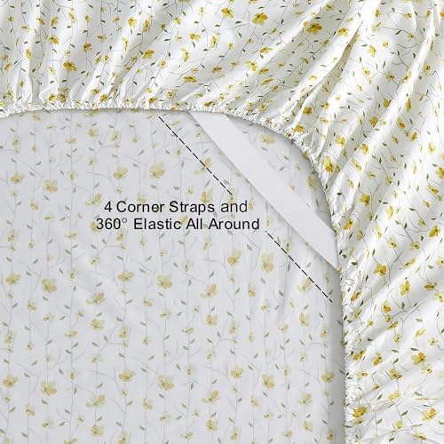 Softan Yellow Floral Bed Sheets Full Flower Printed Sheets - Patterned Microfiber Fitted Sheets Full with 15" Deep Pocket & Non-Slip Straps, Cute Flower Sheets & Pillowcase Set Softan
