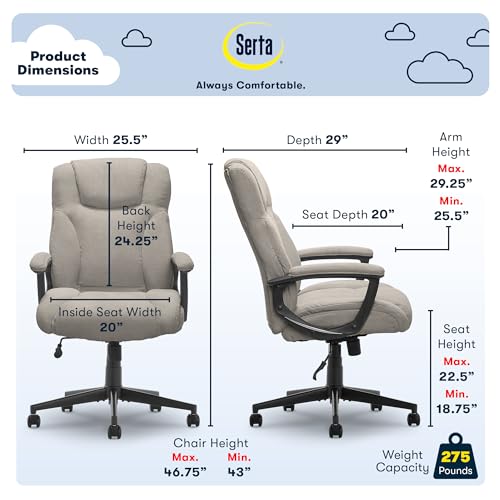Serta Connor Executive Office Chair, Ergonomic Computer Chair with Layered Body Pillows, Contoured Lumbar, Adjustable Seat, Microfiber Fabric, Gray Serta