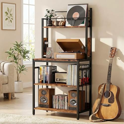 IRONCK Record Player Stand, 2-Tier Vinyl Record Storage, Large Record Player Table with Charge Station, Turntable Stand with Record Rack Holds Up to 300 Albums for Living Room IRONCK