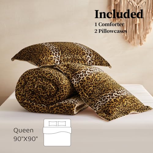 Petrichor Leopard Velvet Flannel Queen Comforter Set-Cheetah Print Western Blanket,Luxury Fuzzy Heavy Bedding Set, 3 Pieces Plush Winter Bed Set with Comforter (90"x90") & 2 Pillow Shams (20"x26") Petrichor