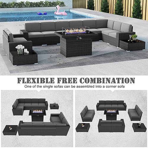 Vakollia 13 Pieces Patio Furniture Set with 44" Propane Gas Fire Pit Table, Outdoor Sectional Wicker Conversation Sofa Sets with Coffee Table Vakollia