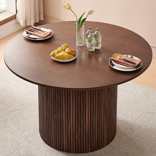 Homedot 5 Piece 47-inch Round Dining Table Set for 4, Rustic Walnut Dinner Table with Upholstered Sherpa Dining Room Chairs Set, Engineered Wood Kitchen Table with Wood Strips Base Homedot