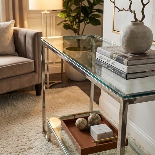 Cortesi Home Reef Contemporary 2 Shelf Glass Console Table, Silver Cortesi Home